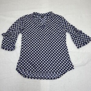 LILDY Women's Navy Blue Gingham Tunic Top Size L/XL Tie Sleeve Split V-Neck Prep